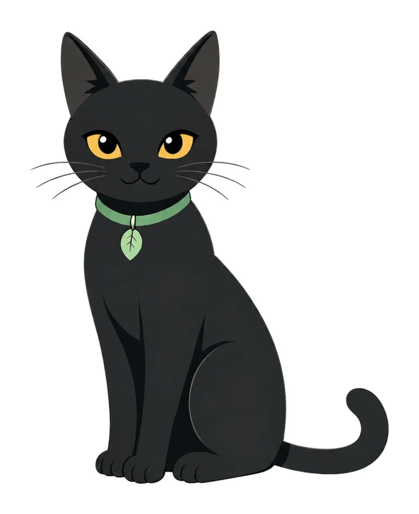 Willow, a calm black cat with warm gold eyes and a green collar